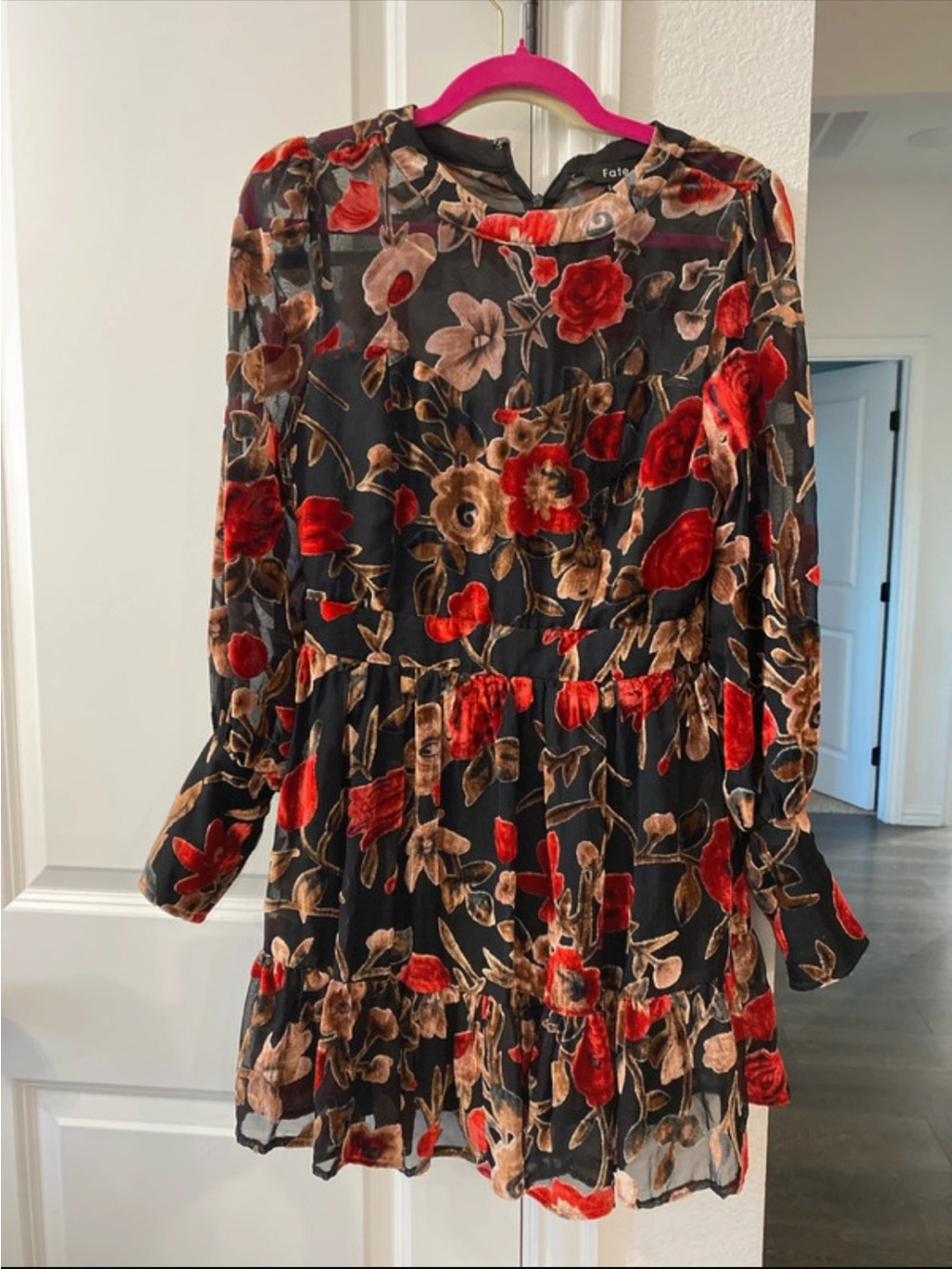 Fate Black Floral Velvet Burnout Mini Dress with Red and Brown Flowers